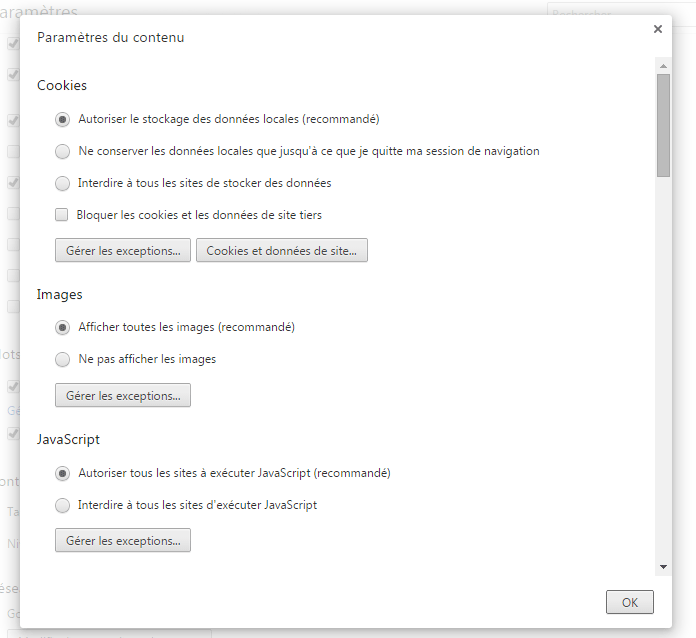 Options cookies pour Google Chrome