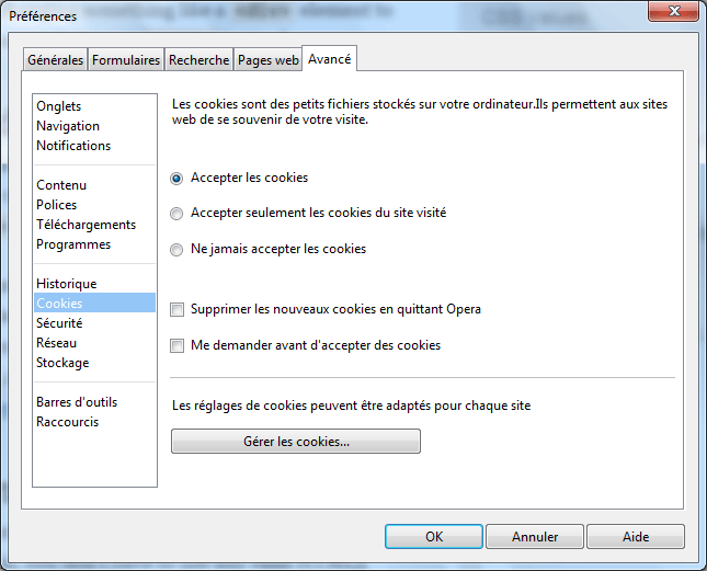 Options cookies pour Opera