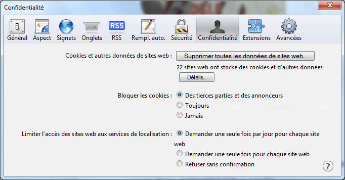 Options cookies pour Safari